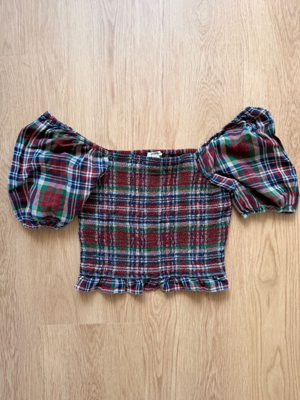Plaid Smocked Top with Puff Sleeves - Red Multi